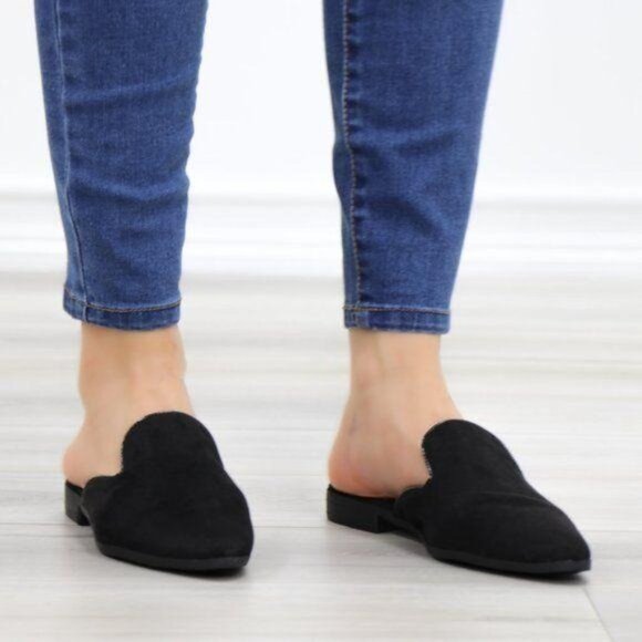 Suede Black Pointy Toe Slip On Mule Loafer - Picture 9 of 12